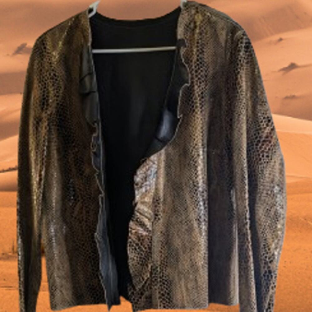 Chico's 2 (medium) faux leather reversable open front snake skin print jacket.